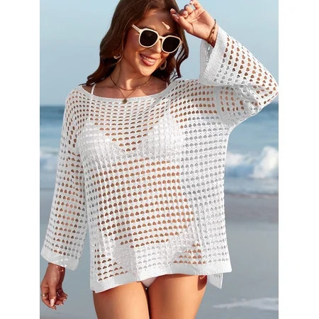 Cueply Swimsuit Coverup for Women Crochet Long Sleeve Bikini Beach Cover Up Tops Summer Vacation Outfits | Walmart (US)