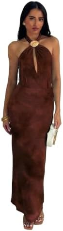 SISKIN Backless Beach Dress Deep V Neck Cut Out Seashell Decor Dresses Women Sexy Long Dress for ... | Amazon (US)