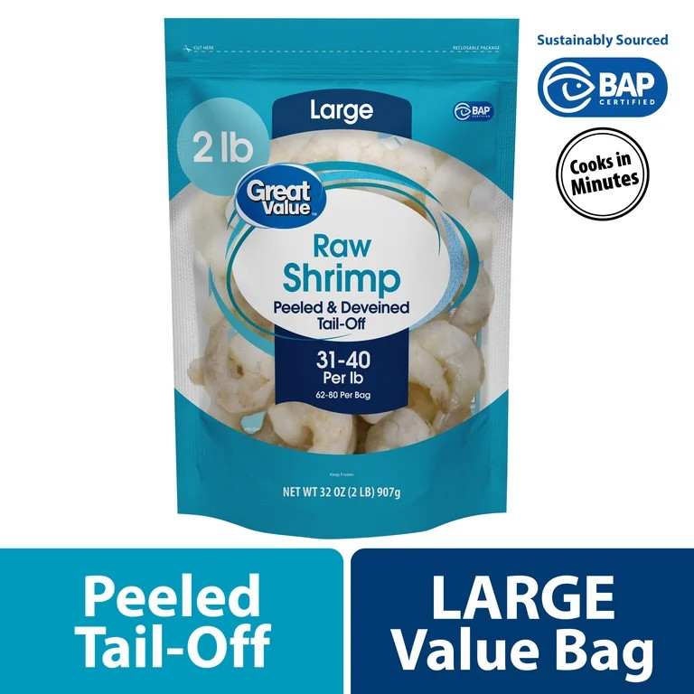 Great Value Frozen Raw Large Peeled & Deveined, Tail-off Shrimp, 2 lb (31-40 Count per lb), Value... | Walmart (US)