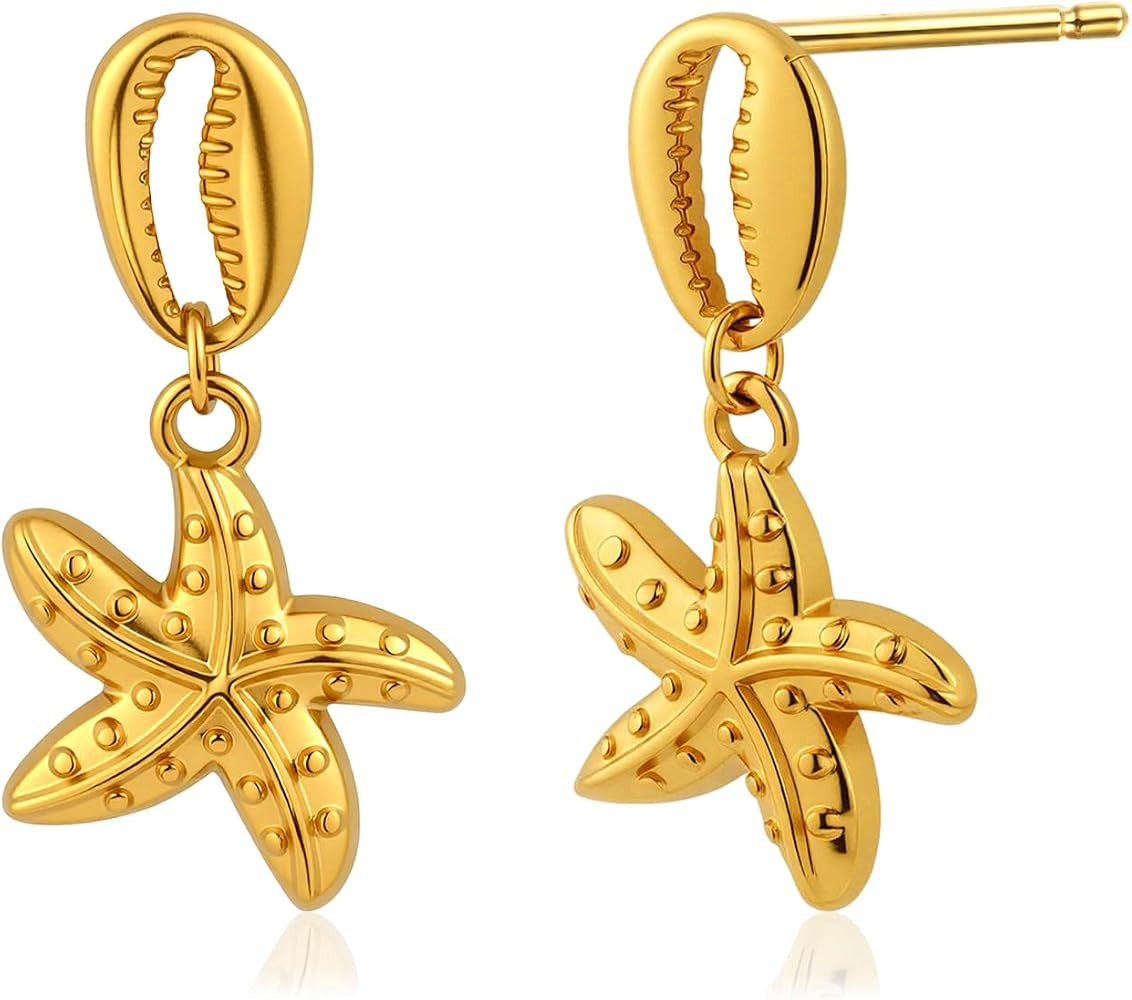 14K Gold Plated Starfish Dangle Earrings Cowrie Shell Ocean Drop Earrings for Women Summer Sea Be... | Amazon (US)