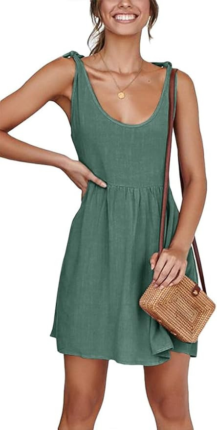 CNJFJ Womens Summer Shoulder Tie Strap Babydoll Dress Casual Scoop Neck A-Line Skater Swing Mini ... | Amazon (US)
