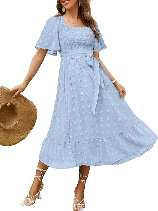 Amegoya Women's Boho Flowy Long Sleeve Square Neck Floral Midi Dress Smocked Spring Fall Wedding ... | Amazon (US)