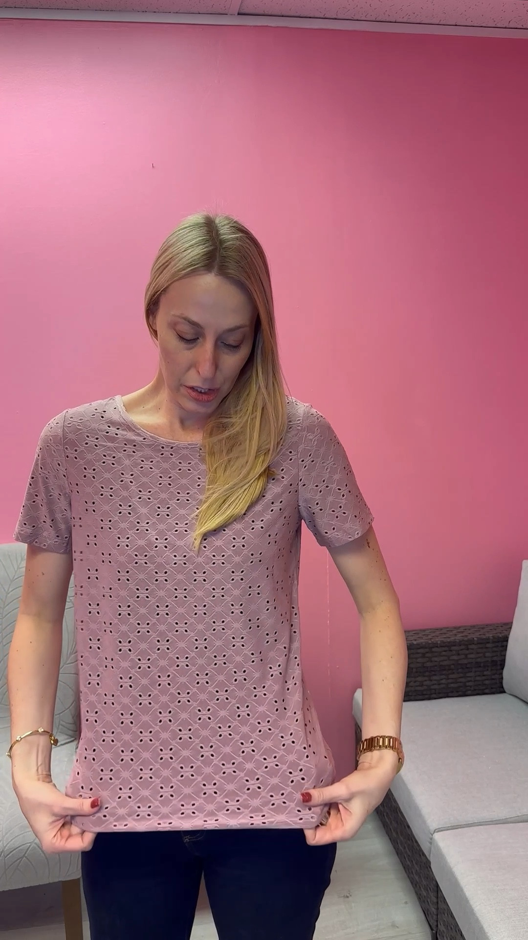 Pink eyelet and lace back blouse  
💓 i love the cute style of this blouse. Easy to dress up or wear casual 
💓it does have a good bit of stretch to it 
💓 wearing size small, fits true to size and I am 5’10”


#LTKFindsUnder100 #LTKTall #LTKFindsUnder50