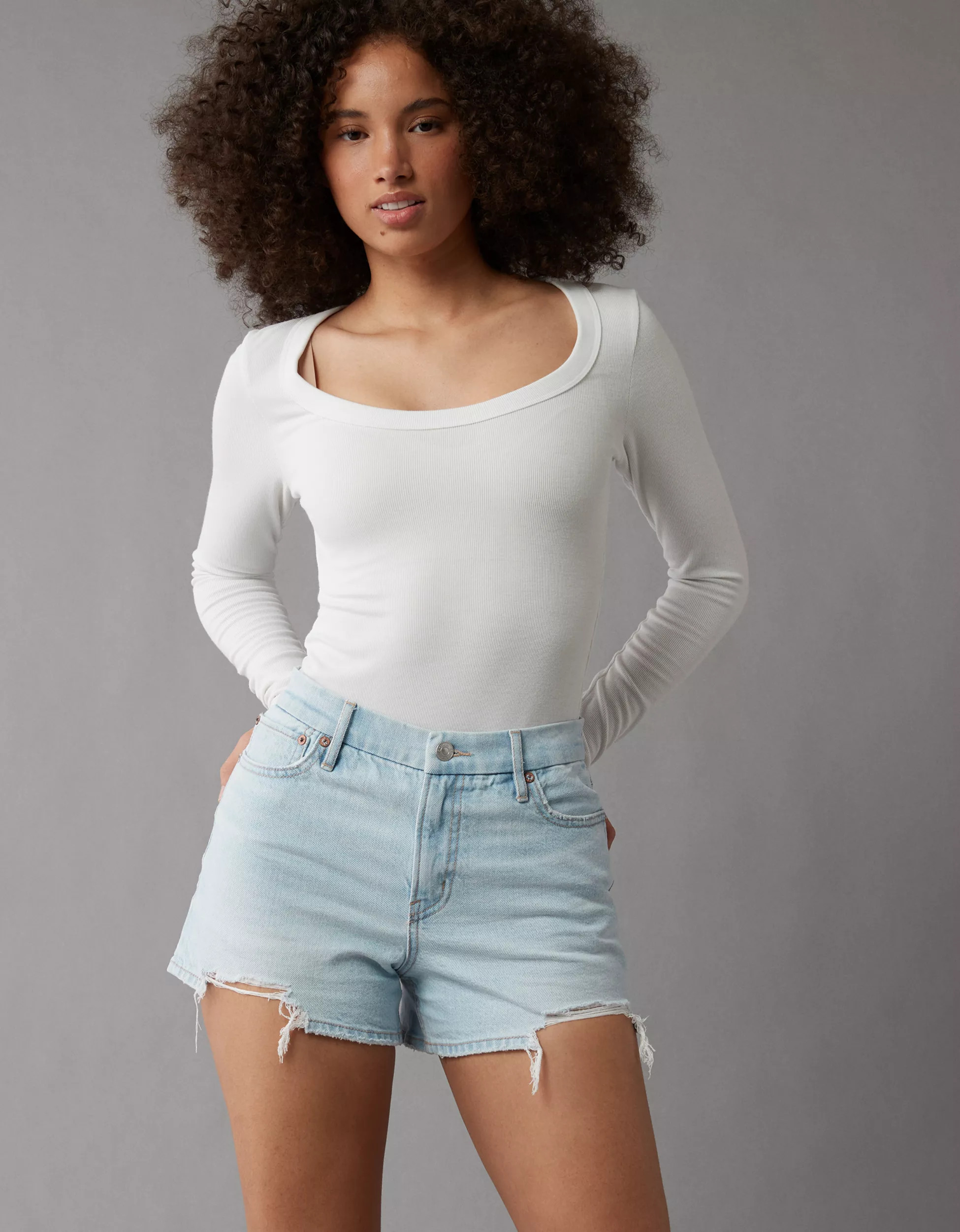 AE Strigid Curvy Super High-Waisted Relaxed Ripped Short | American Eagle Outfitters (US & CA)