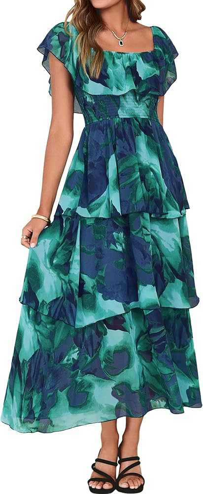 Simplee Womens Floral Wedding Guest Dress Spring Summer 2026 Chiffon Boho Off Shoulder Smocked Ti... | Amazon (US)