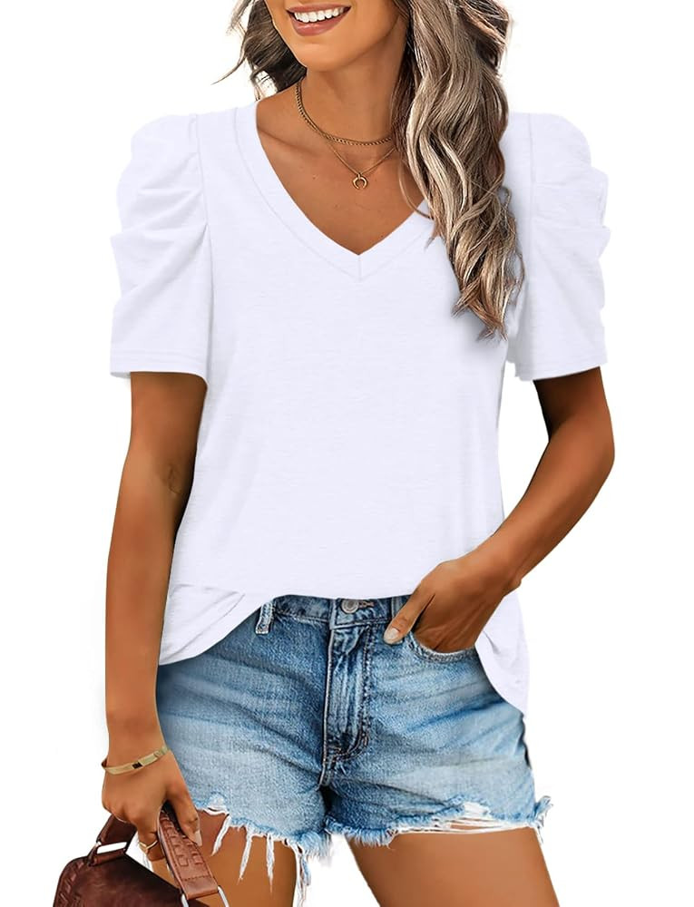 XIEERDUO Womens Summer Shirt V Neck Casual Tshirts Puff Sleeve Tops for Women Solid Color XS-3XL | Amazon (US)