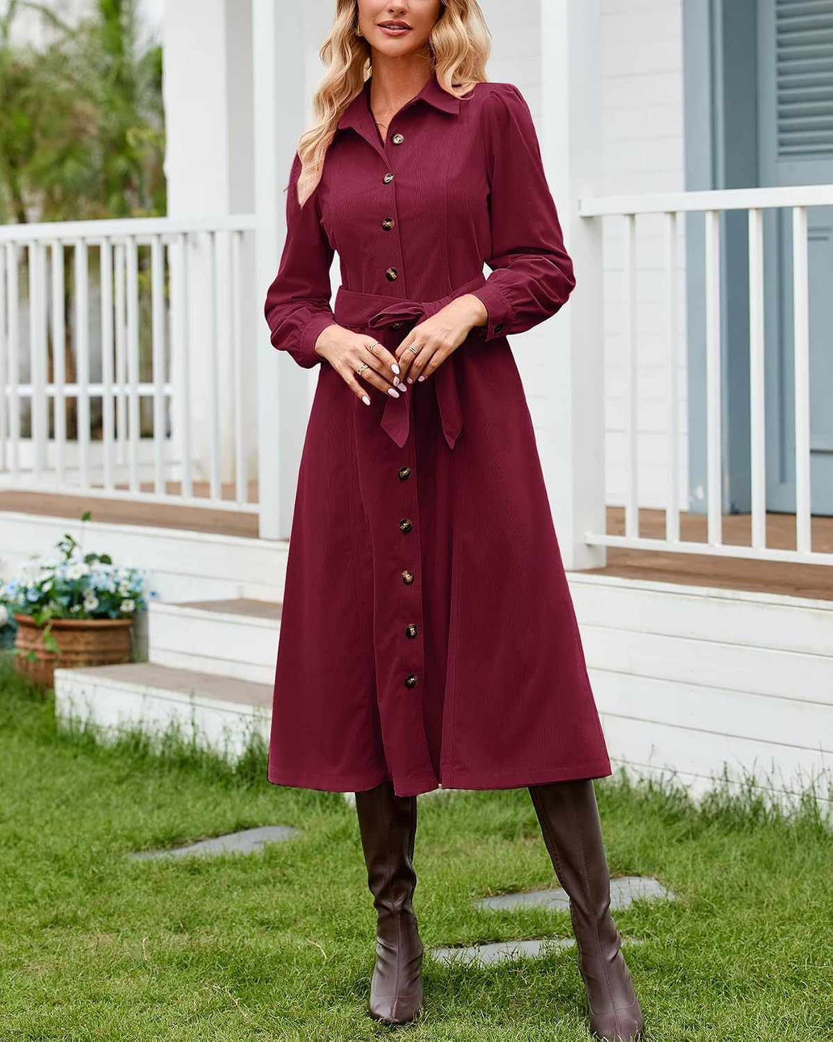 YEXPINE Women's Corduroy Maxi Dress Button Down Shirt Dress with Belt | Amazon (US)