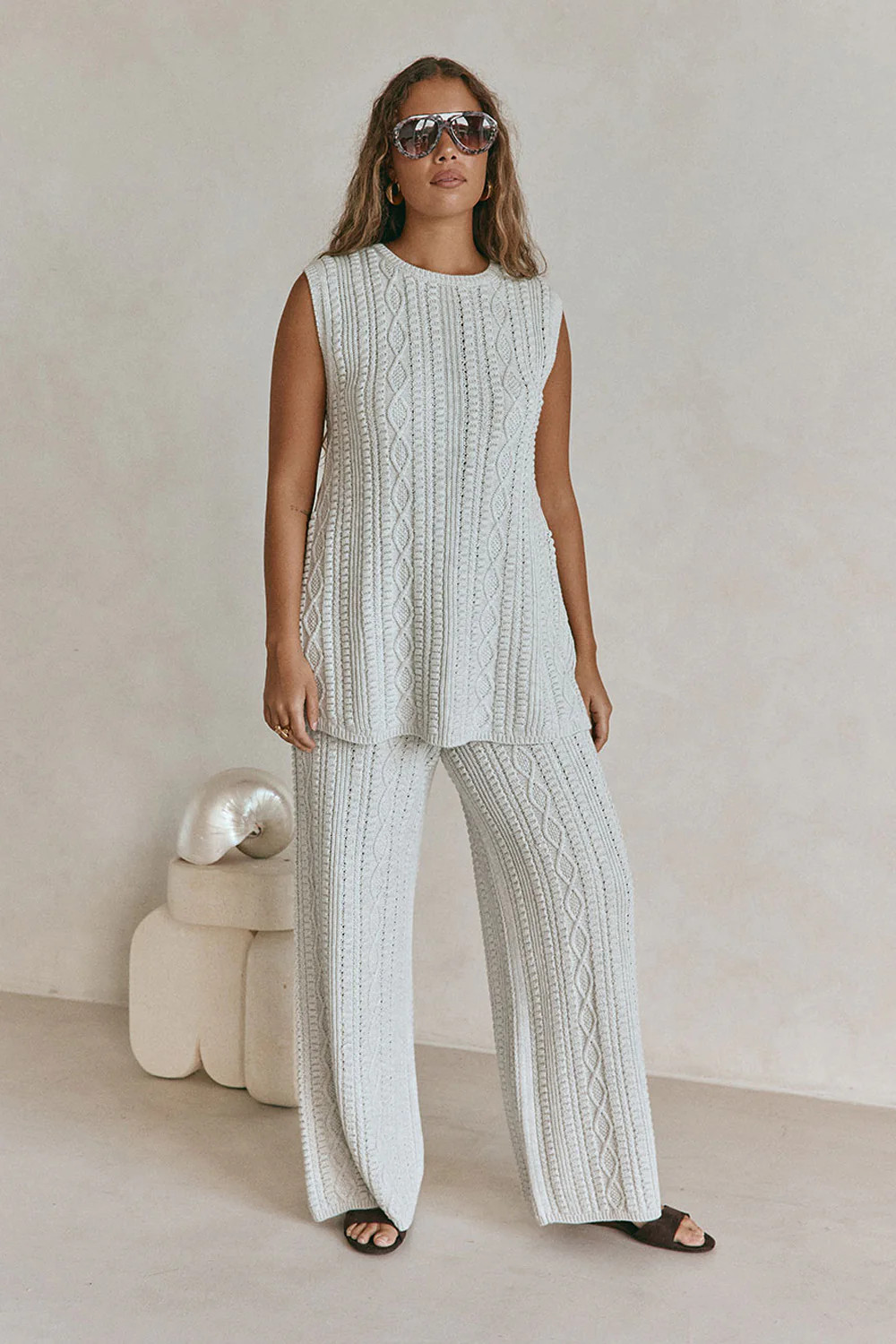 Grey Cable Knit Elastic Drawstring Kiri Pants | Sabo Skirt AU
