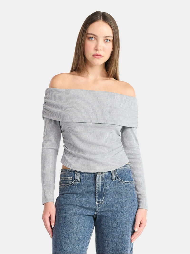 No Boundaries Off The Shoulder Top with Long Sleeves, Women’s - Walmart.com | Walmart (US)