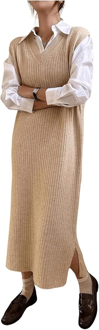 OYOANGLE Women's Split Hem Rib Knit Midi Sweater Dress V Neck Sleeveless Loose Fit Sweater Vest | Amazon (US)