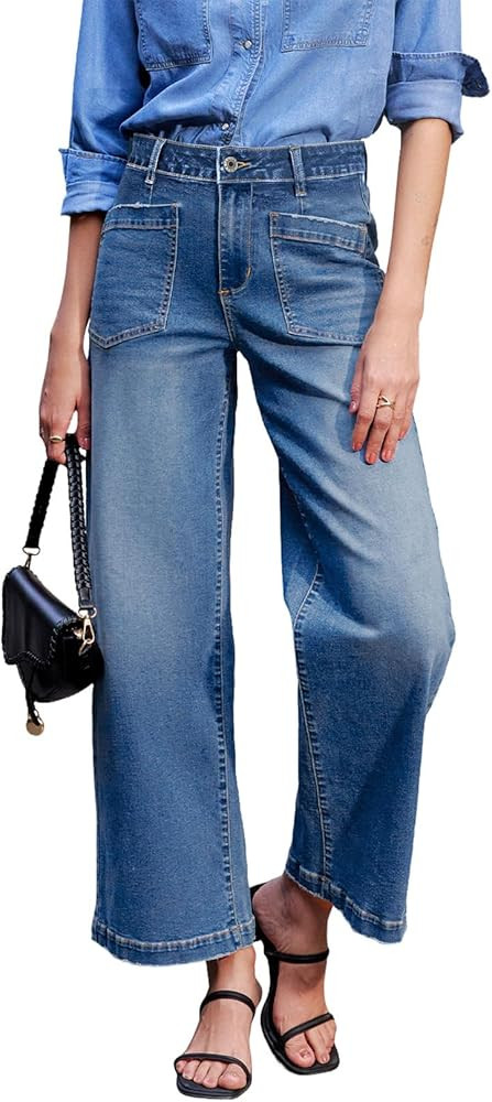 Sidefeel Women's Wide Leg Jeans High Waisted Stretchy Jeans Straight Leg Loose Fit Zimbaplatinum ... | Amazon (US)