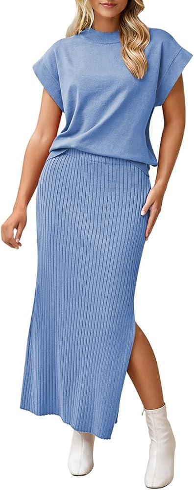 Pink Queen Women's 2 Piece Sweater Outfits Set Summer Cap Sleeve Tops Bodycon Maxi Long Skirt Kni... | Amazon (US)