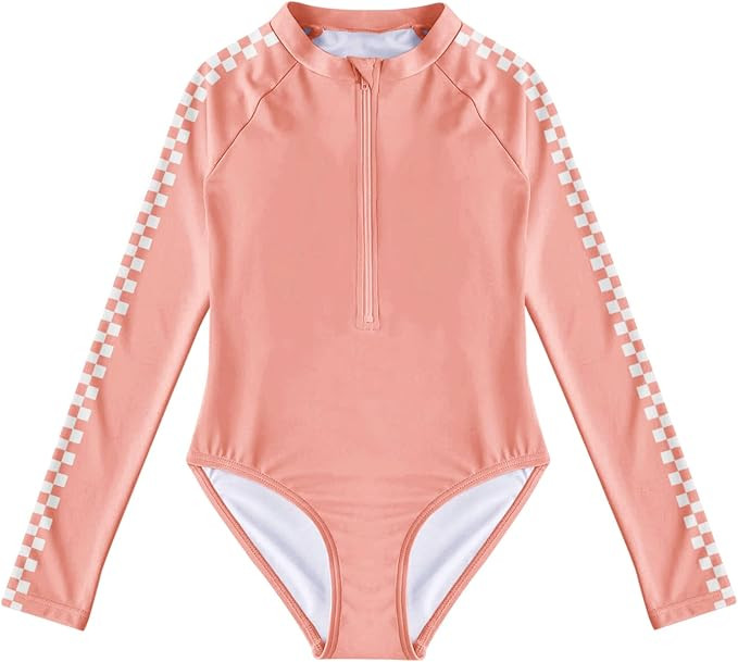 Girls One-Piece Swimsuits Plaid Long Sleeve Beachwear Zip Rash Guard Swimwears | Amazon (US)