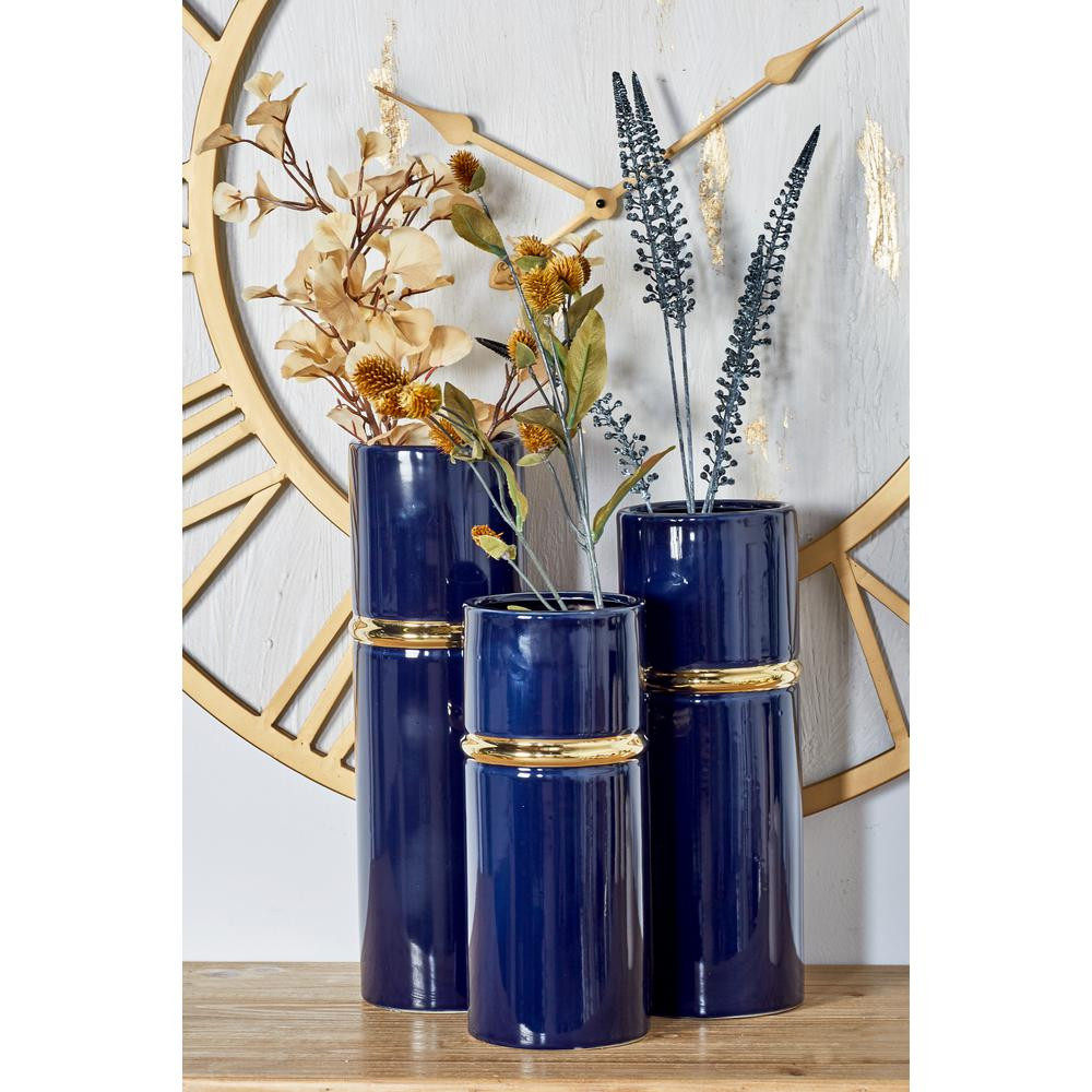 LITTON LANE Blue Ceramic Decorative Vase with Gold Lining Detail (Set of 3) | The Home Depot