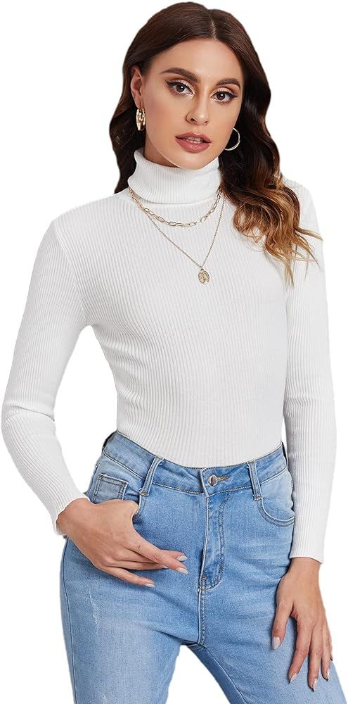 SweatyRocks Women's Long Sleeve Turtleneck Ribbed Knit Pullover Sweater Top | Amazon (US)