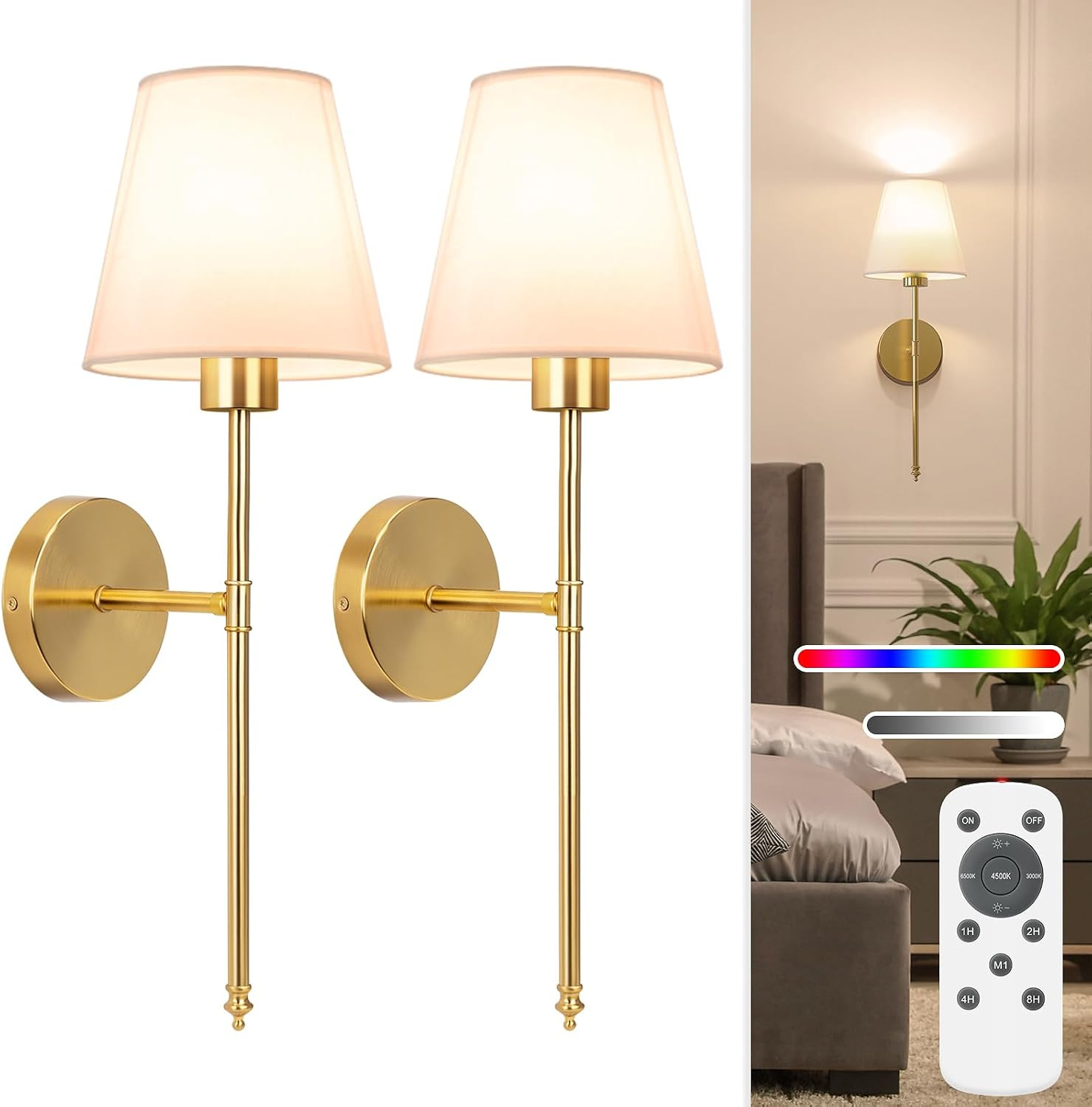 19.9 inch Battery Operated Wall Sconce Set of 2,Gold Rechargeable Wall Lights with 10400mAh Dimma... | Amazon (US)