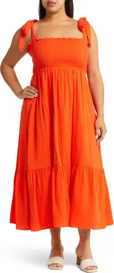 Smocked Tie Strap Cotton Gauze Midi Sundress | Nordstrom