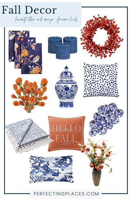 Blue and orange fall decor for a classic blue and white home. Perfect for Chinoiserie fall style. Blue pillar candles and orange berry wreath. Orange yellow fall pillow, blue and white throw blanket and blue and white Chinoiserie pumpkins. Orange button fall stems and orange pomegranate stems. Blue and orange floral print napkins for dining room.

#LTKSeasonal #LTKhome
