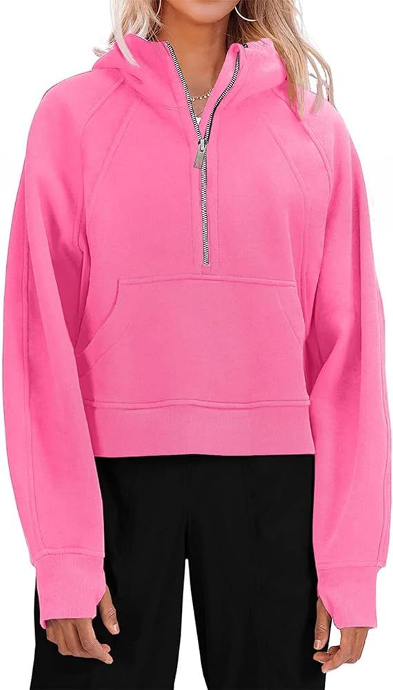 Womens Hooded Pullover Sweatshirts Half Zipper Crop Hoodie Fleece Lined Collar Zip Up Hoodies Cropped Long Sleeve Tops | Amazon (US)