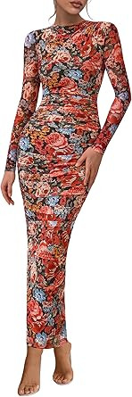 PRETTYGARDEN Women's Long Sleeve Maxi Dress 2025 Fall Ruched Bodycon Floral Mesh Formal Wedding G... | Amazon (US)