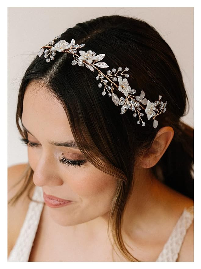 SWEETV Handmade Bridal Headband Flower Wedding Hair Accessories for Brides Hair Pieces Gold Flowe... | Amazon (US)