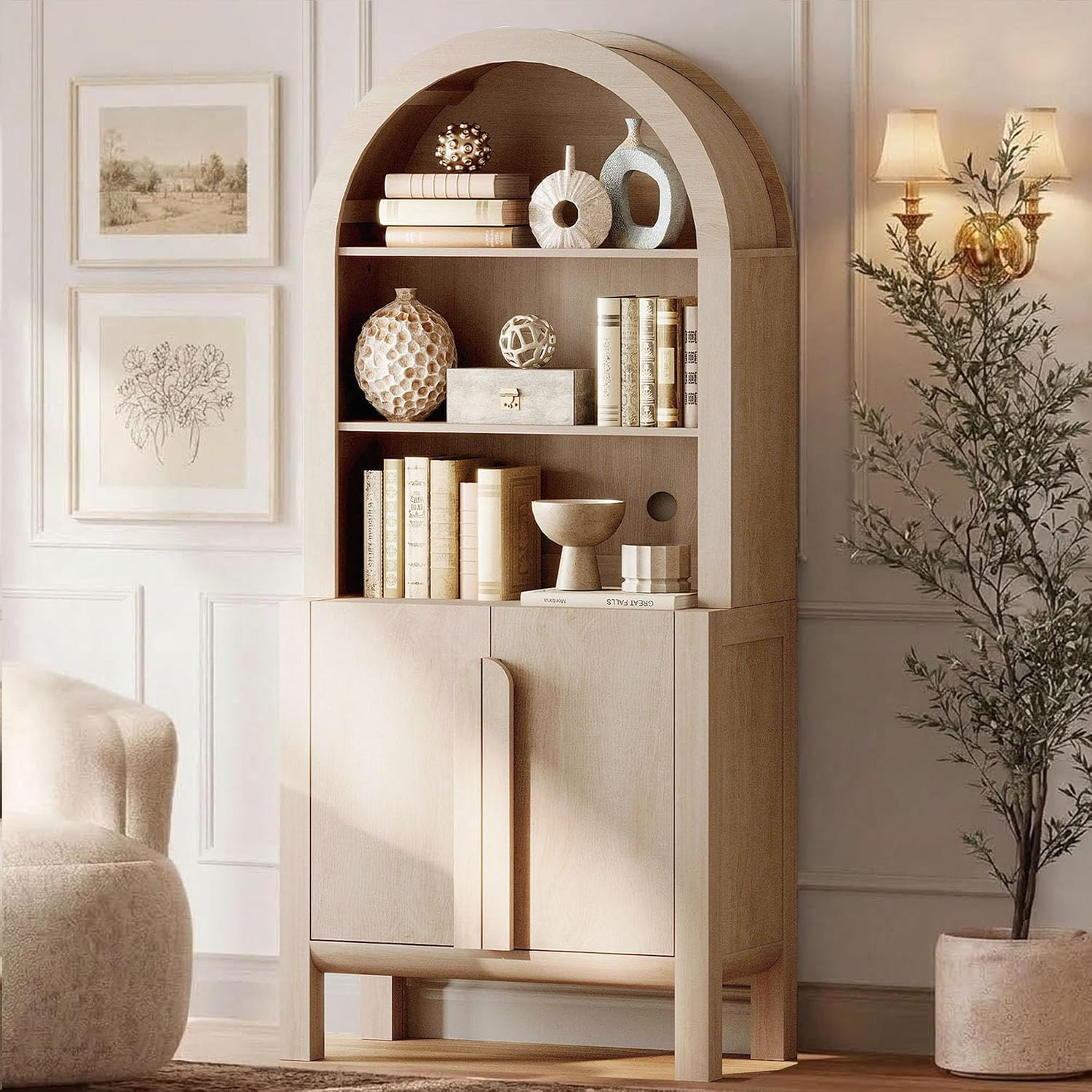 WAMPAT 71" Tall Arched Bookshelf with Storage, 5 Tiers Bookcase with 2 Doors and Adjustable Shelves, Modern Farmhouse Arched Display Cabinet Wood Bookshelf for Living Room, Office (1PC, Beige) | Amazon (US)