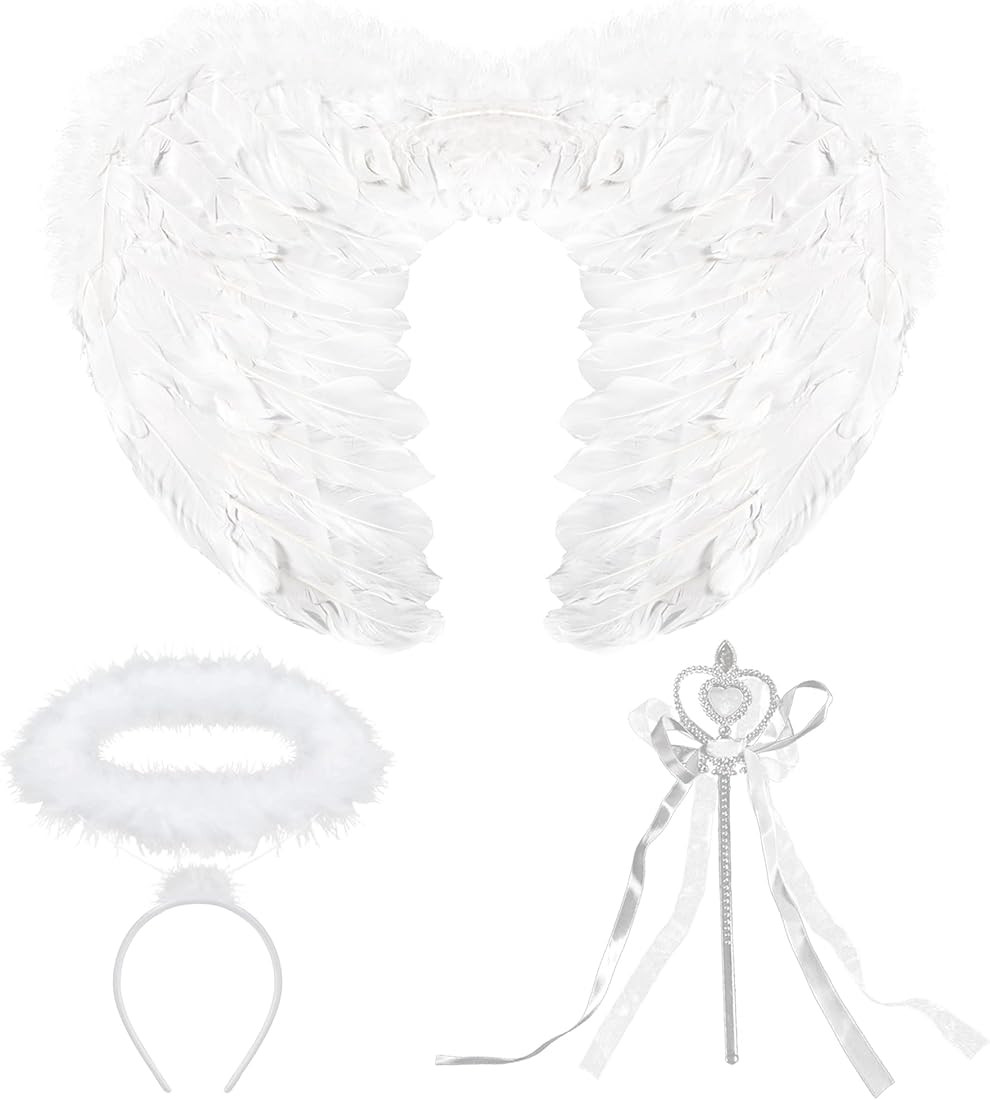 Black White Angel Wings Halo Headband with Wand for Kids Feather Fairy Wings Halloween Party Cosp... | Amazon (US)