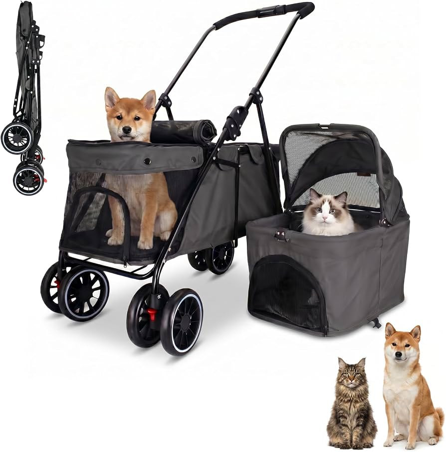 Double Pet Stroller with Removable Carrier Foldable Strolling Cart | Amazon (US)