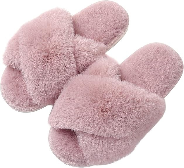 Evshine Women's Fuzzy Slippers Cross Band Memory Foam House Slippers Open Toe | Amazon (US)