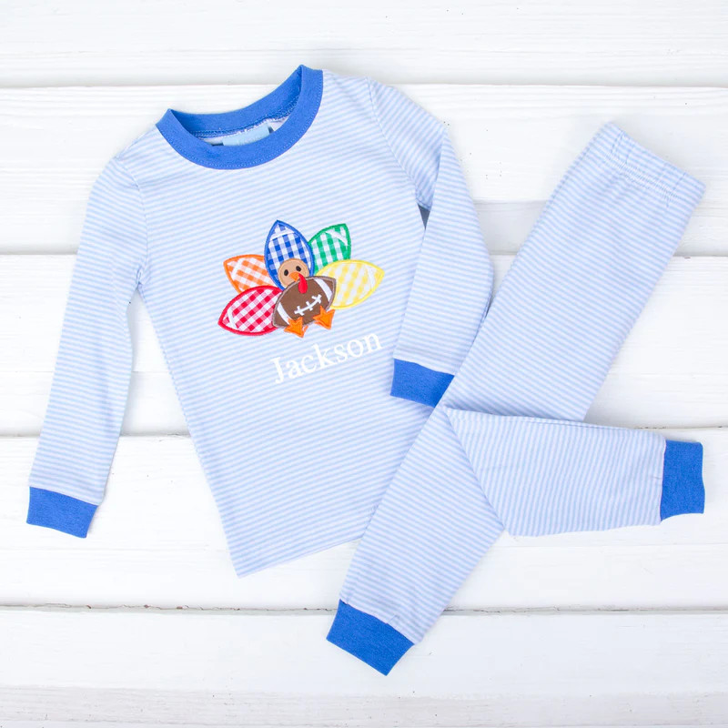 Turkey Football Light Blue Stripe Pajamas | Classic Whimsy