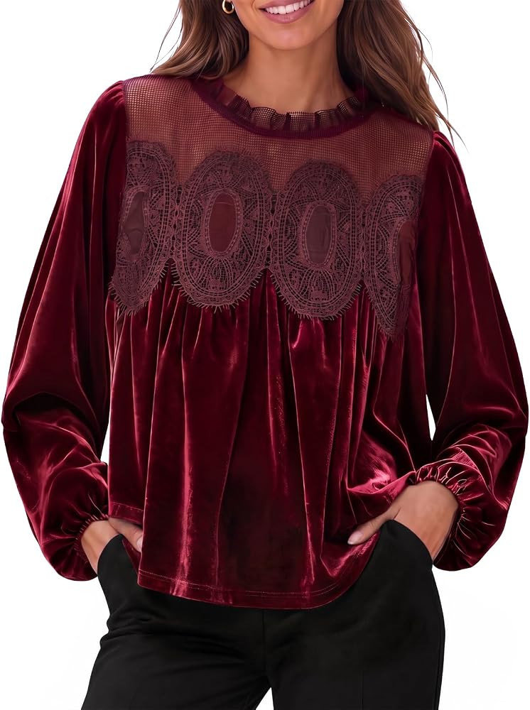 Cicy Bell Womens Velvet Babydoll Tops Puff Sleeve Lace Ruffle Flowy Blouses | Amazon (US)