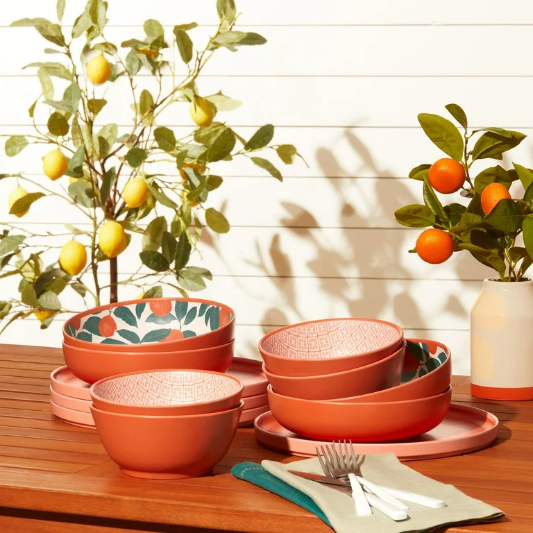 Mainstays by Becky G. & Alejandra Bamboo Melamine 12-Piece Dinnerware Set, Orange & Green | Walmart (US)