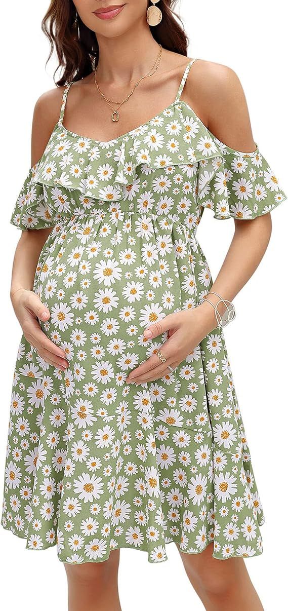 Maternity Nursing Dress Womens V-Neck Spaghetti Strap Ruffle Sleeve Daisy Printed A-Line Tiered F... | Amazon (US)