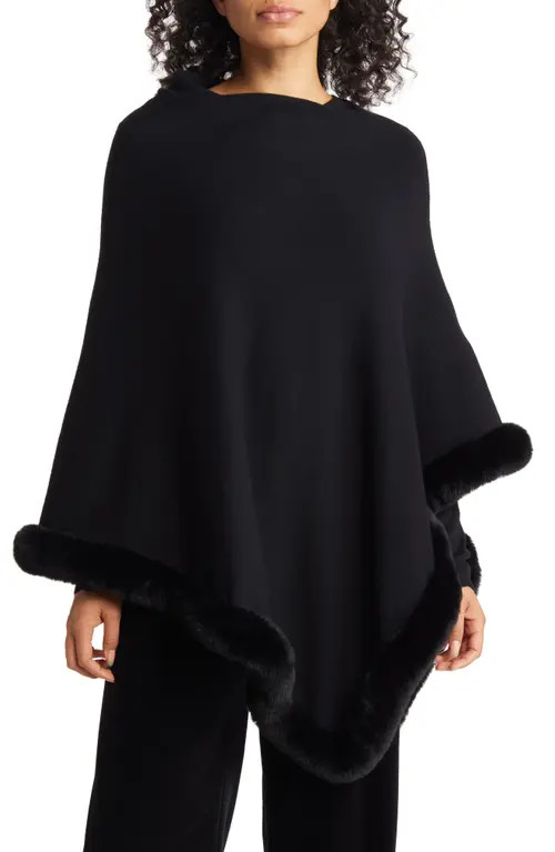 Ming Wang Heritage Fit Faux Fur Trim Poncho in Black at Nordstrom | Nordstrom