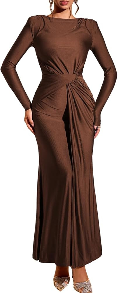 Floor-Length Bodycon Dress, Boat-Neck Ruched, Fall Long Sleeve, Semi-Formal Cocktail Evening-Gown... | Amazon (US)