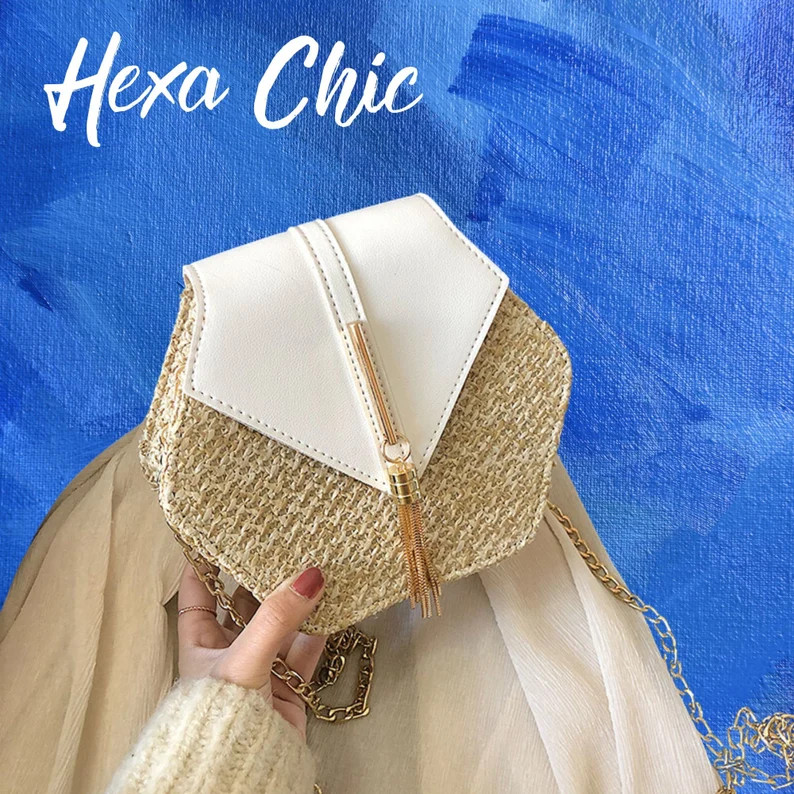 HexaChic Weiß - Sechseckige Strohtasche, Sommertasche, Rattantasche, Elegante Tasche, Schulterta... | Etsy (US)