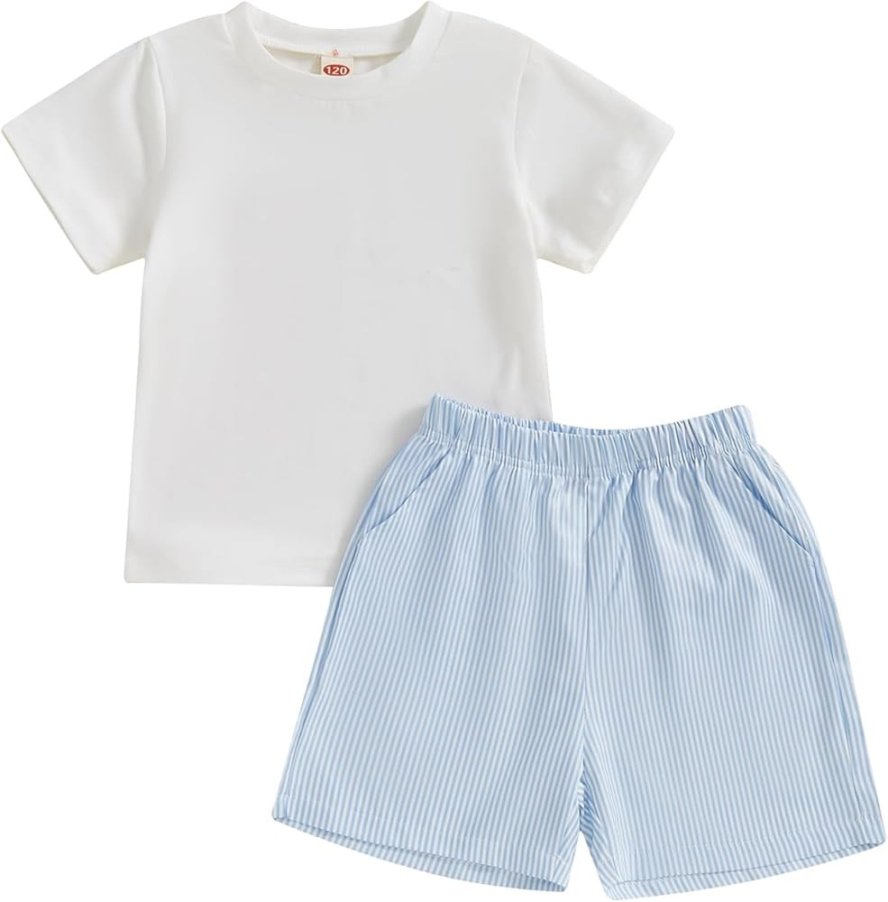 Thorn Tree Toddler Boys Shorts Set Solid Short Sleeve T-Shirt Strip Pocket Shorts Casual Outfits ... | Amazon (US)