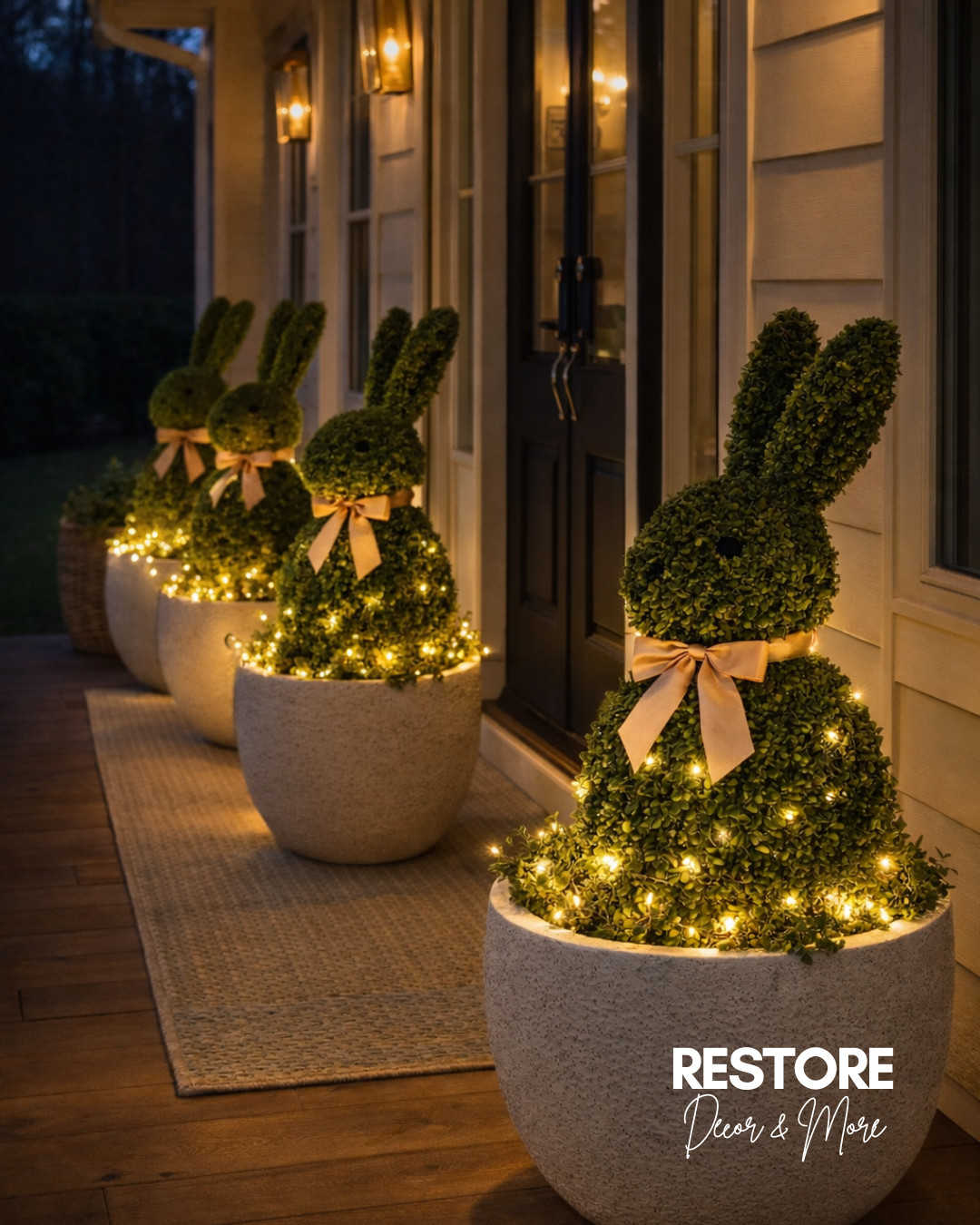 Spring porch magic 🐰✨ These bunny topiary planters wrapped in soft ribbon and warm twinkle lights create the sweetest seasonal welcome. Perfect for styling your front porch, entryway, or patio with oversized planters, outdoor string lights, and decorative topiaries.
#bunnydecor #springporch #easterdecor #topiarydecor #outdoorplanters #frontporchdecor #porchstyling #outdoorstringlights #lighteddecor #springoutdoor #neutraldecor #seasonalstyling #patioinspo
 

 #LTKSeasonal #LTKHome #LTKSaleAlert