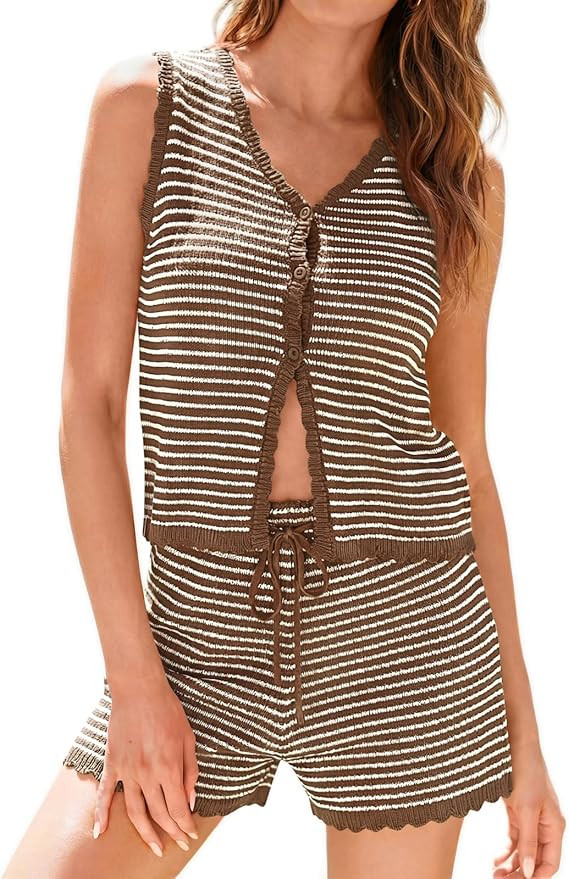 Tankaneo Womens 2 Piece Shorts Set Striped Summer Vacation Outfits Button Down Knit Vests Tops Ca... | Amazon (US)