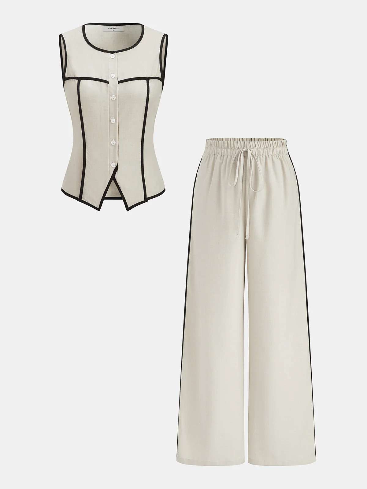 Contrast Piping Vest & Wide-Leg Pants Set | Commense