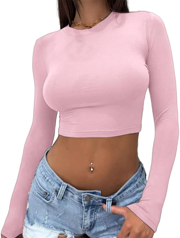 Abardsion Women's Sexy Long Sleeve Crop Top 2023 Crew Neck Basic Fitted Tight Cropped T Shirts | Amazon (US)