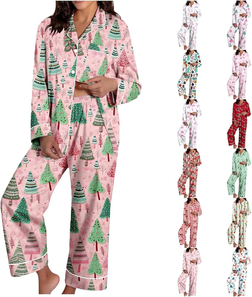 Christmas Pajamas for Women,Button up Long Sleeve Pajama Set Casual Soft Cute Xmas Print Pjs Slee... | Amazon (US)
