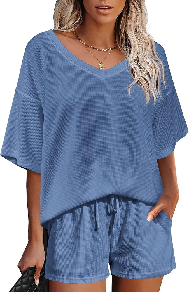 Ekouaer Womens 2 Piece Short Sleeve Waffle Knit Pajama Sets V Neck Off Shoulder Sleepwear Casual ... | Amazon (US)