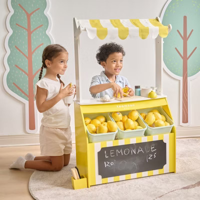 Sunny Citrus Wooden Lemonade Stand PlaySet in Yellow-Teamson Kids: Storage Bins & 18 Interactive Accessories | Target