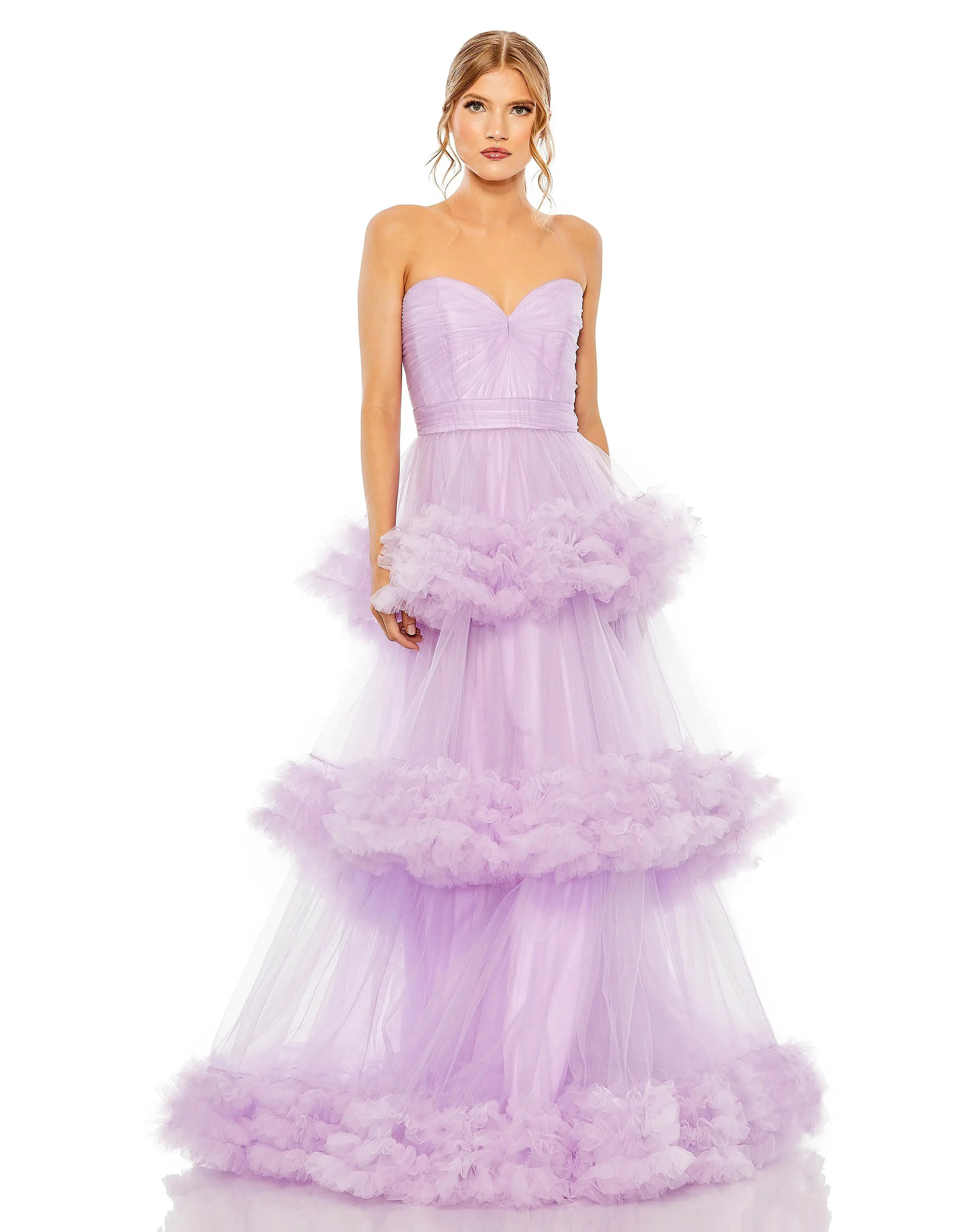 Purple Strapless Ruffle Tulle Tiered Gown - Mac Duggal | Mac Duggal