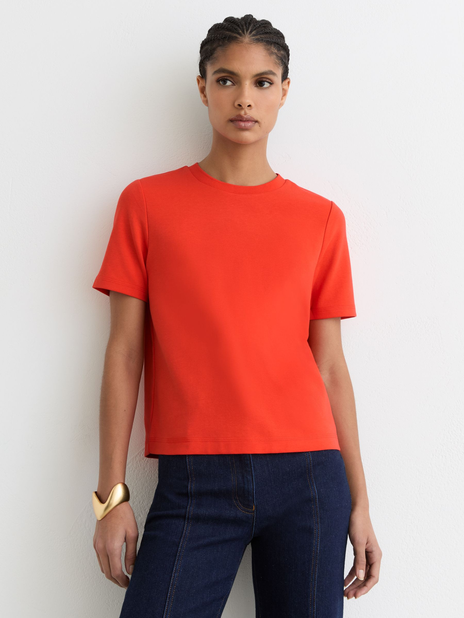 Reiss Stretch-Cotton Ribbed-Neck T-Shirt in Coral Red - REISS | Reiss UK