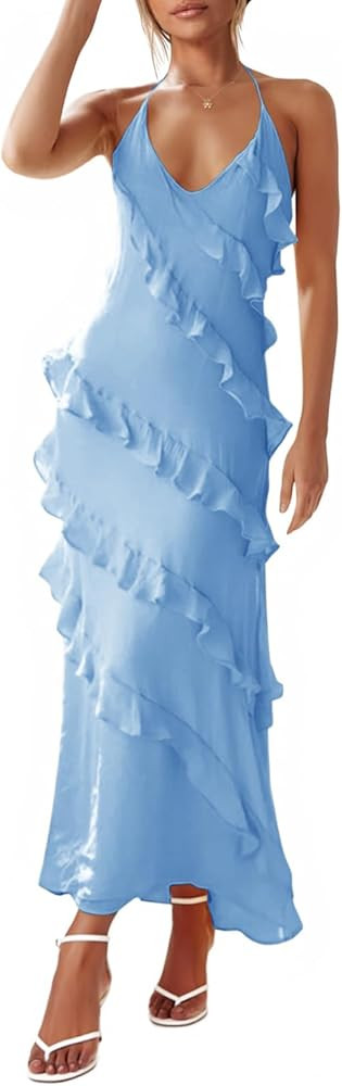 Wenrine Womens Sexy Chiffon Halter Maxi Dress Sleeveless Backless Ruffle Tassel Party Club Dresse... | Amazon (US)