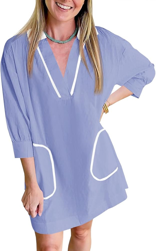 Saodimallsu Womens V Neck Swimsuit Coverup 3/4 Sleeve Color Block Oversized Cover ups Beach Mini ... | Amazon (US)