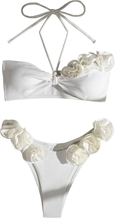 OYOANGLE Women's 2 Piece Bikini Set 3D Rose Tie Back Halter Swimsuits High Cut Bathing Suits | Amazon (US)