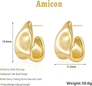 Chunky Gold Stud Earrings for Women 14k Gold Plated Hypoallergenic Earrings Statement Trendy Fash... | Amazon (US)